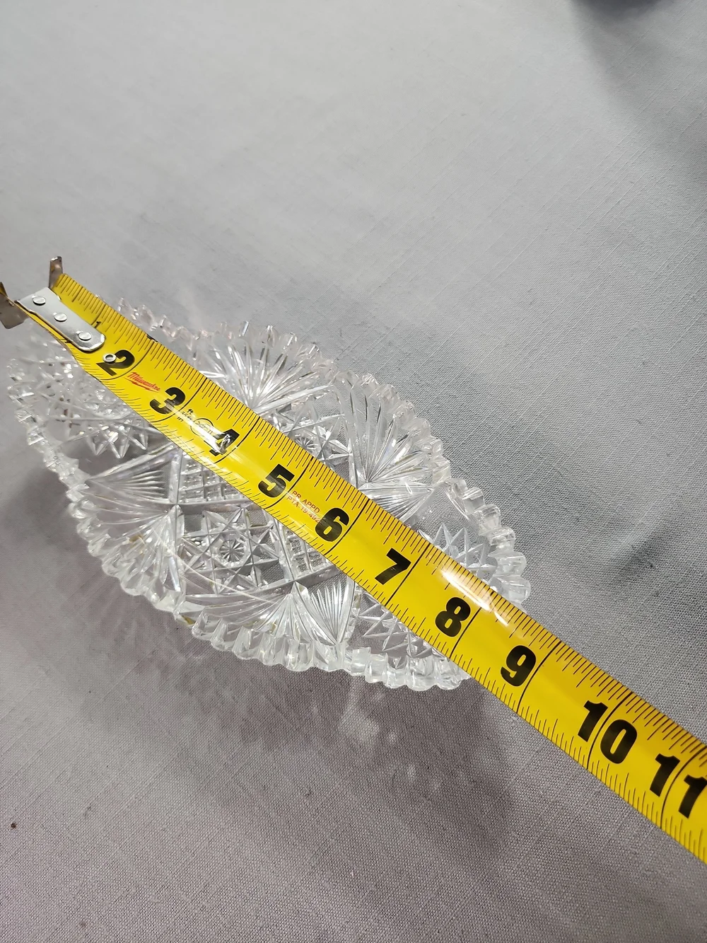 Vintage Heavy Cut Glass Oval Serving Bowl 9” Starburst Sawtooth Rim